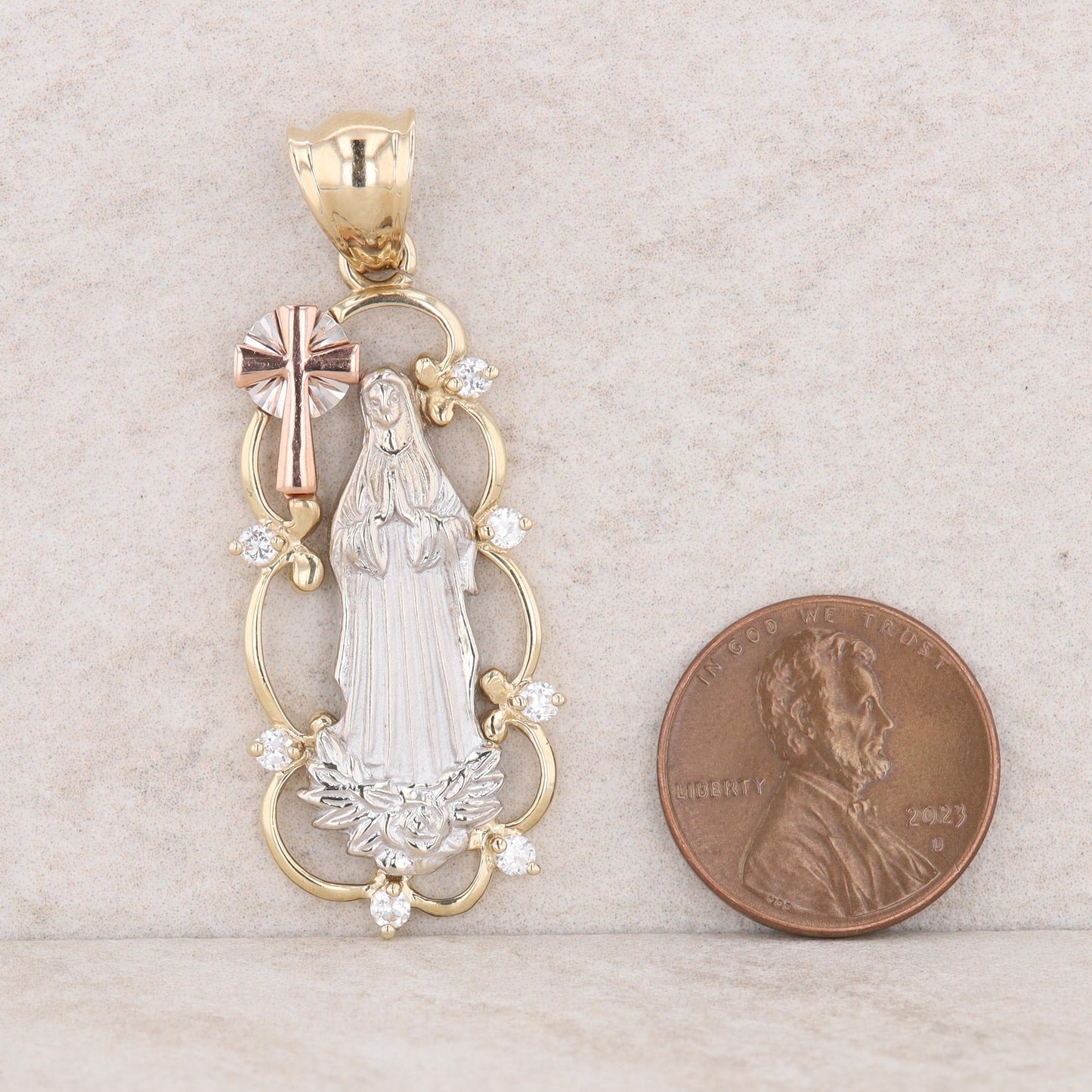 14k Yellow, White and Rose Gold Cubic Zirconia Religious Pendant