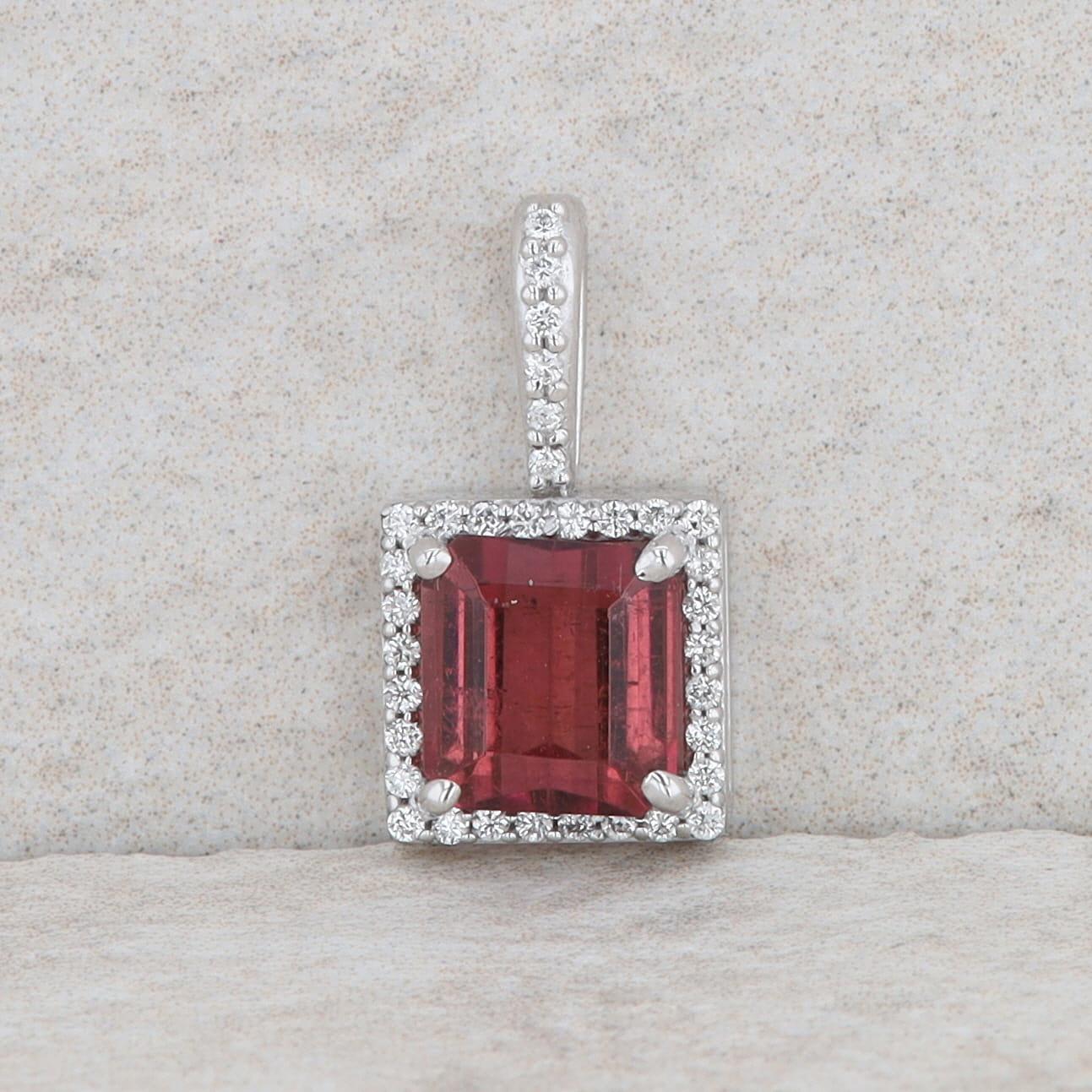 14k White Gold Diamond and Pink Tourmaline Square Halo Pendant