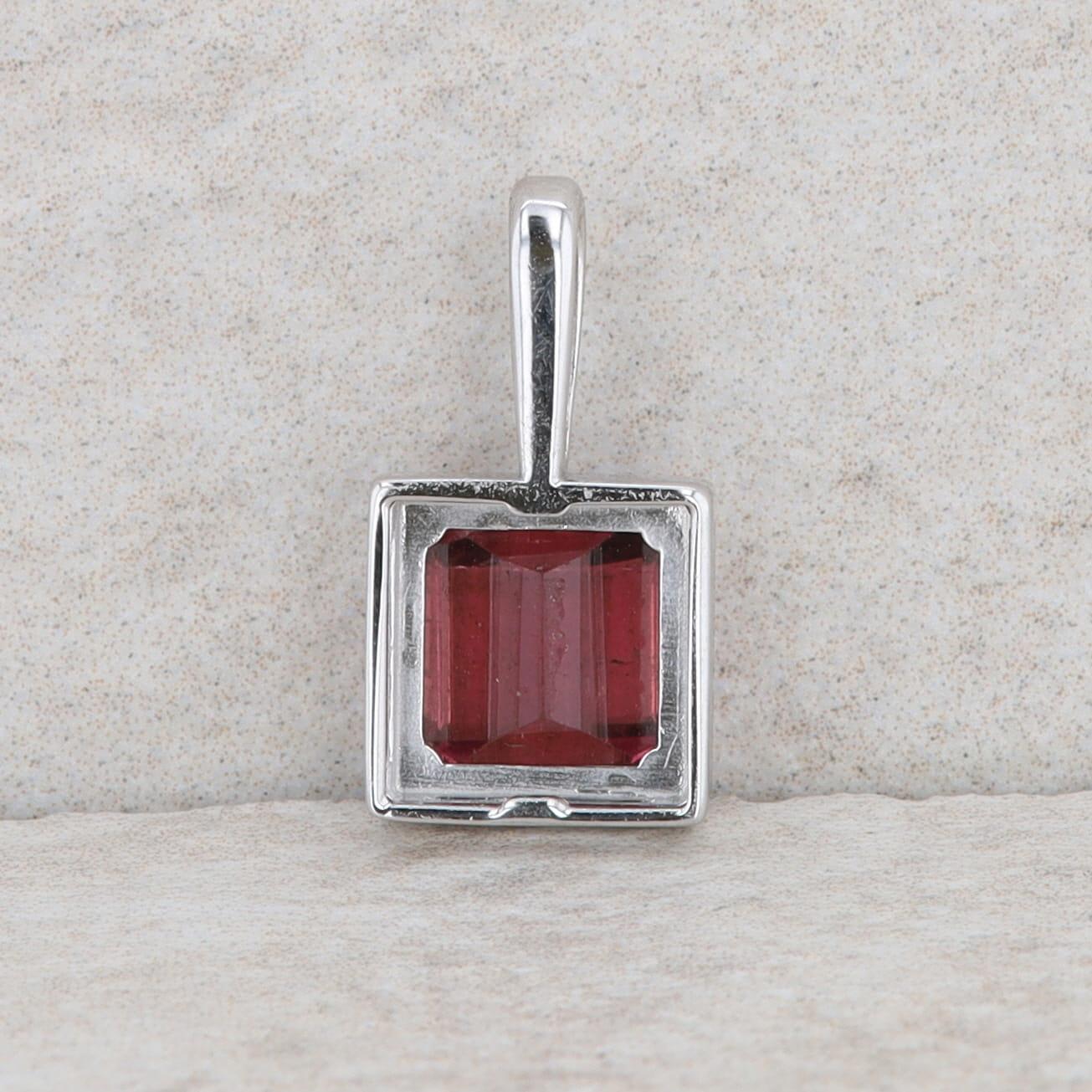 14k White Gold Diamond and Pink Tourmaline Square Halo Pendant