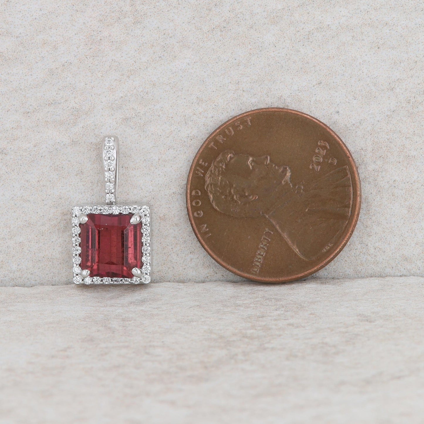 14k White Gold Diamond and Pink Tourmaline Square Halo Pendant