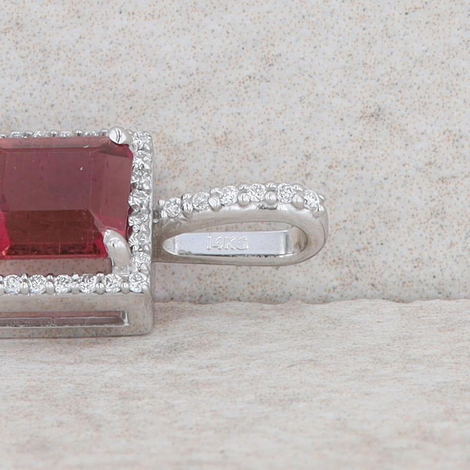 14k White Gold Diamond and Pink Tourmaline Square Halo Pendant