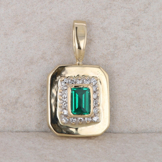 14k Yellow Gold Lab Grown Emerald and Diamond Pendant