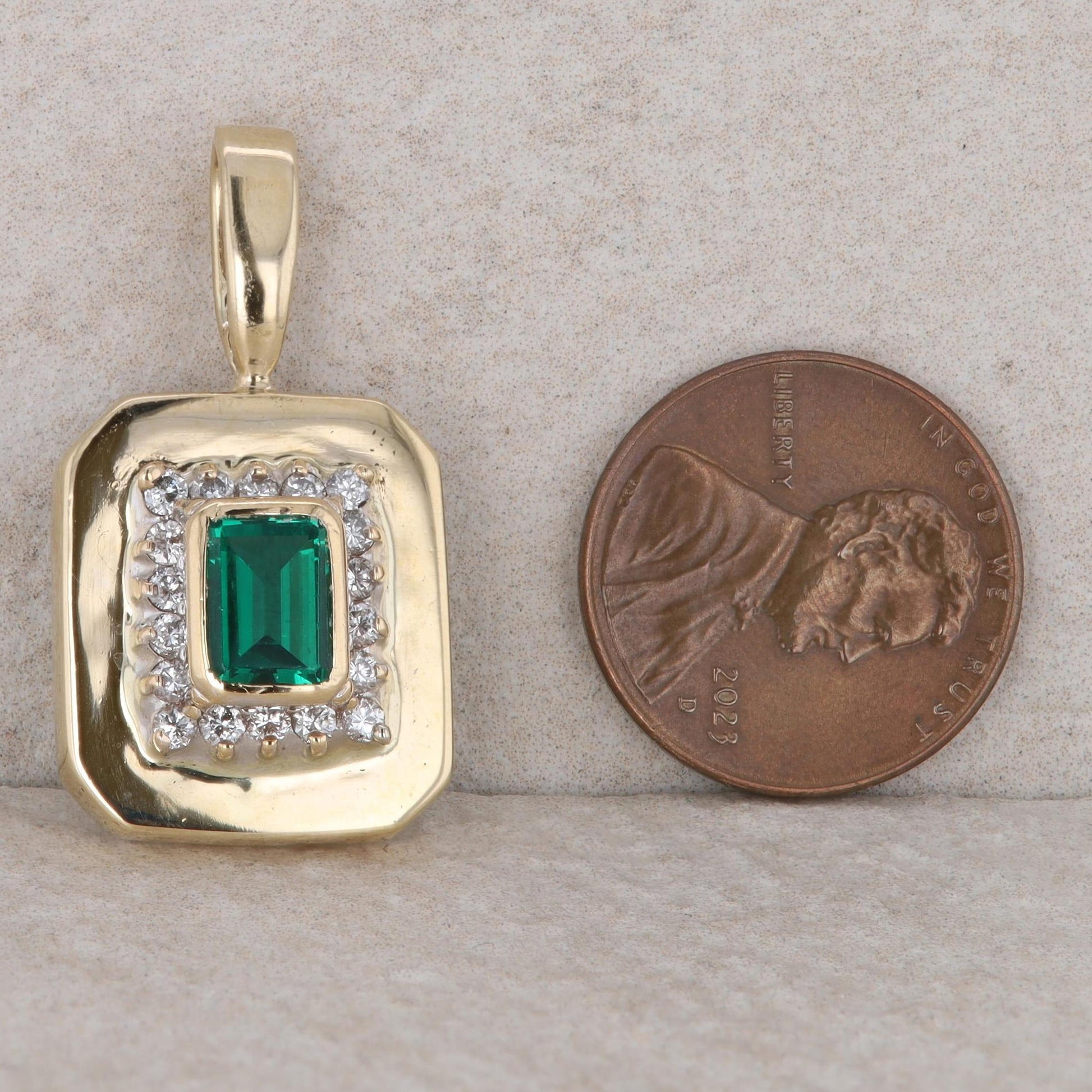 14k Yellow Gold Lab Grown Emerald and Diamond Pendant