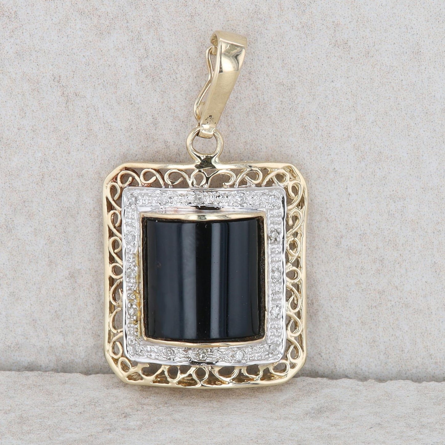 14k Yellow Gold Onyx and Single Cut Diamond Pendant