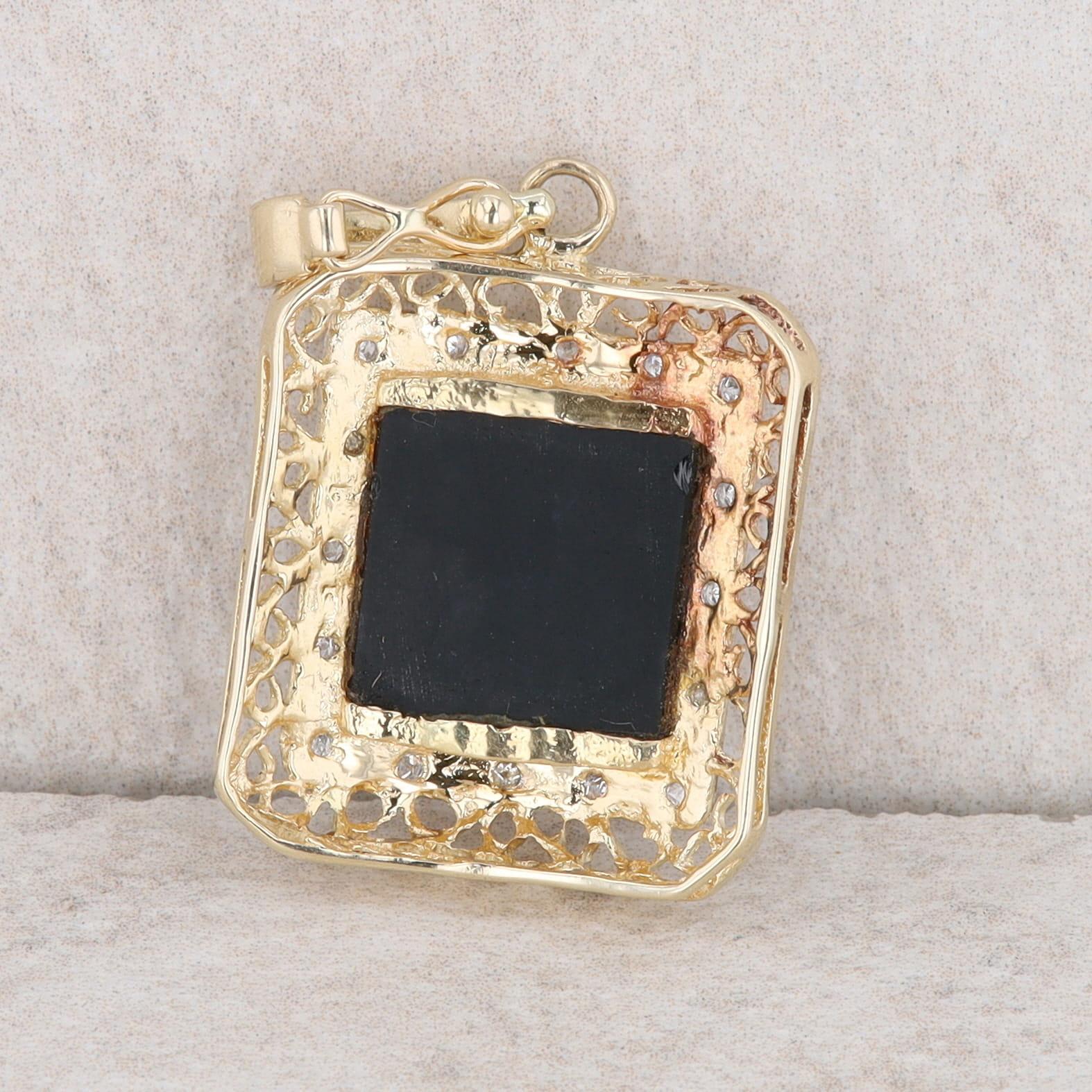 14k Yellow Gold Onyx and Single Cut Diamond Pendant