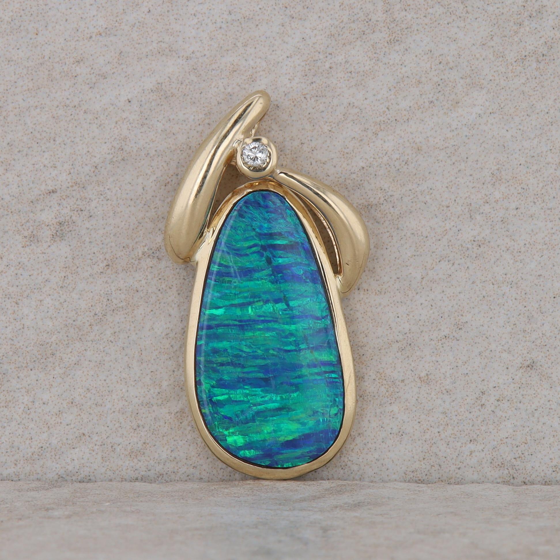 14k Yellow Gold Oblong Synthetic Opal & Diamond Pendant