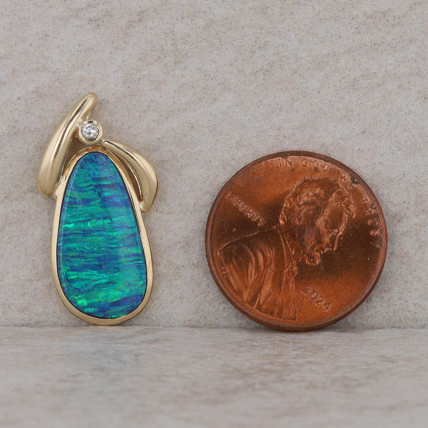 14k Yellow Gold Oblong Synthetic Opal & Diamond Pendant