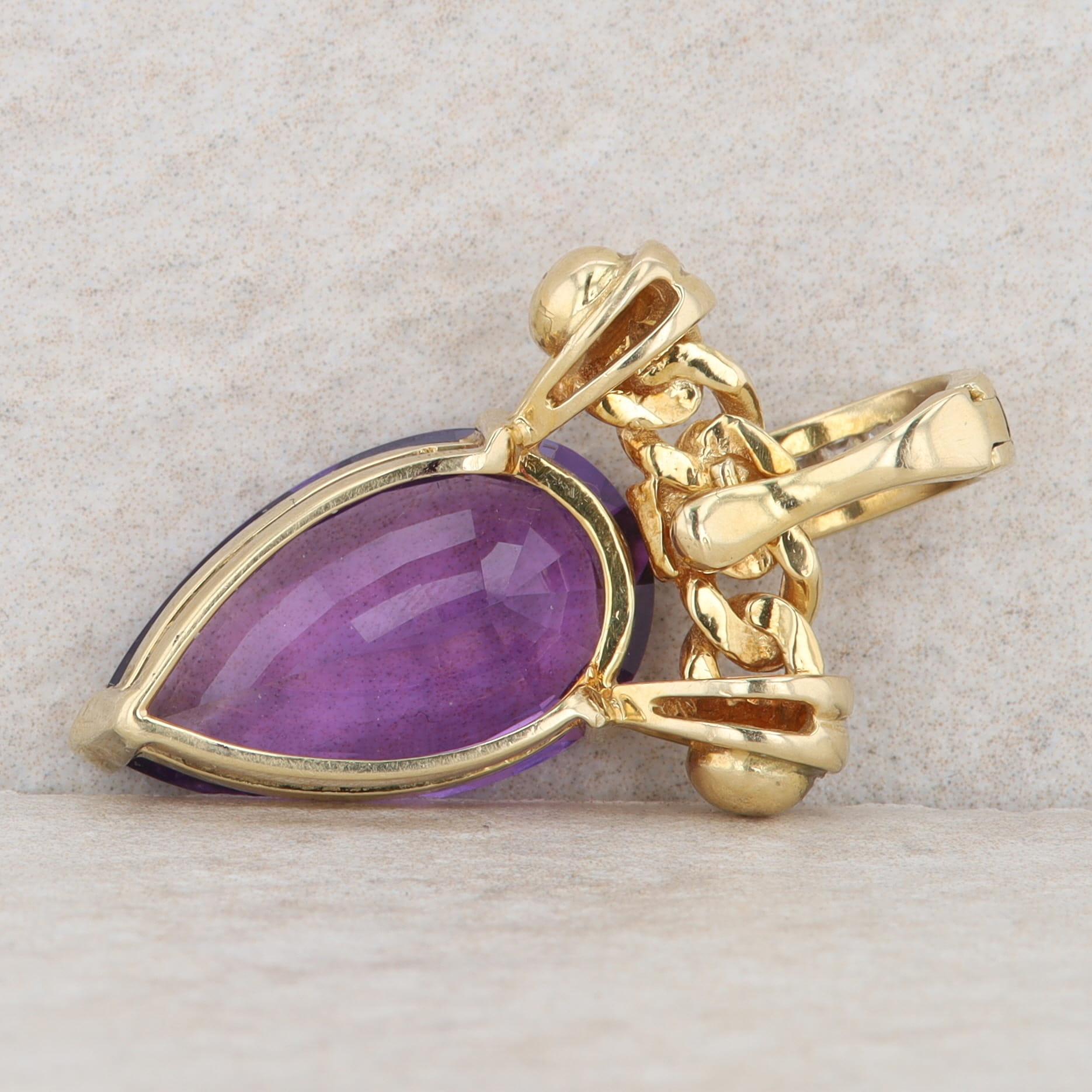 18k Yellow Gold Pear Amethyst & Baguette Diamond Chain Link Enhancer Pendant