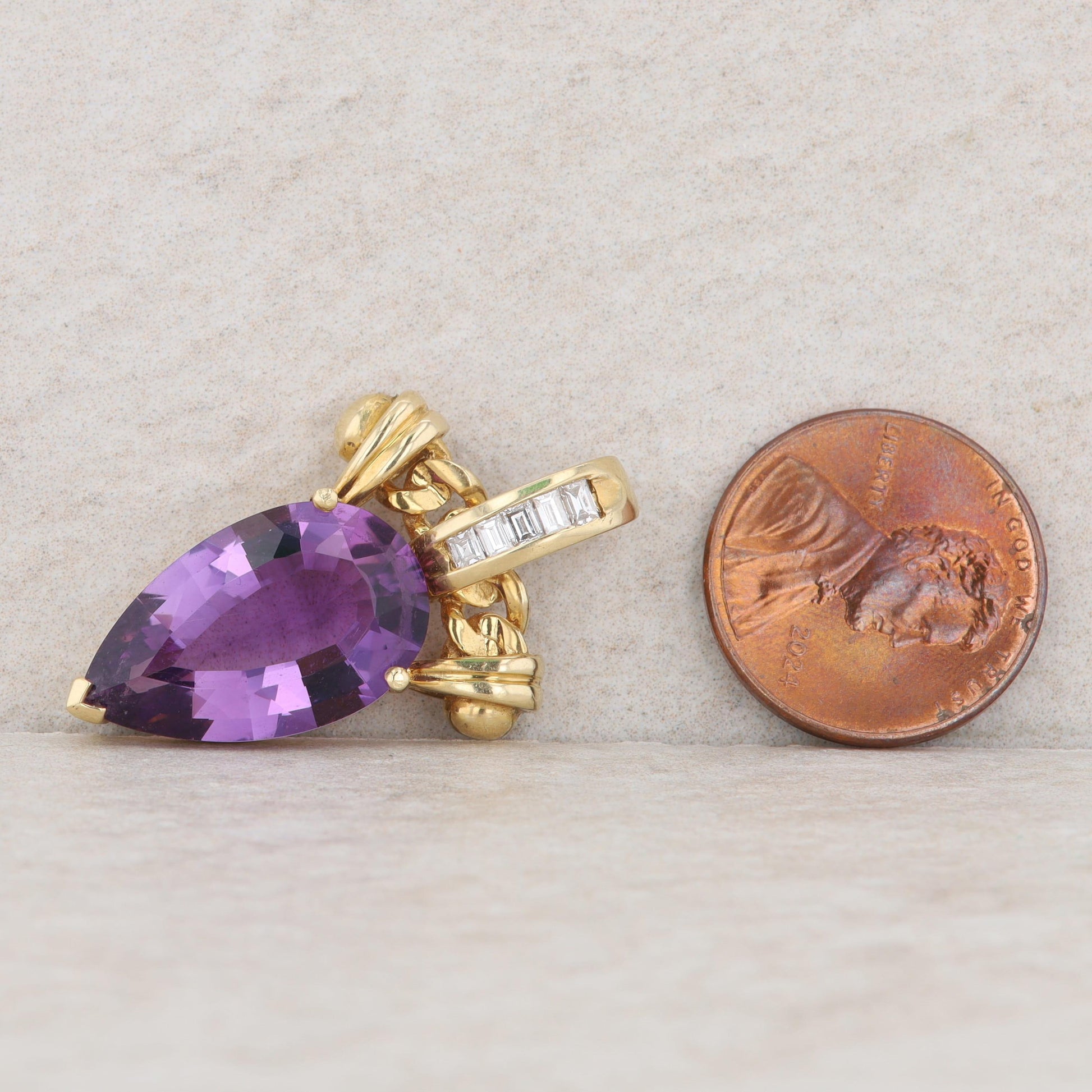 18k Yellow Gold Pear Amethyst & Baguette Diamond Chain Link Enhancer Pendant