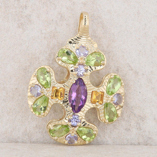 14k Yellow Gold Marquise Amethyst, Peridot, Citrine, Tanzanite Textured Pendant