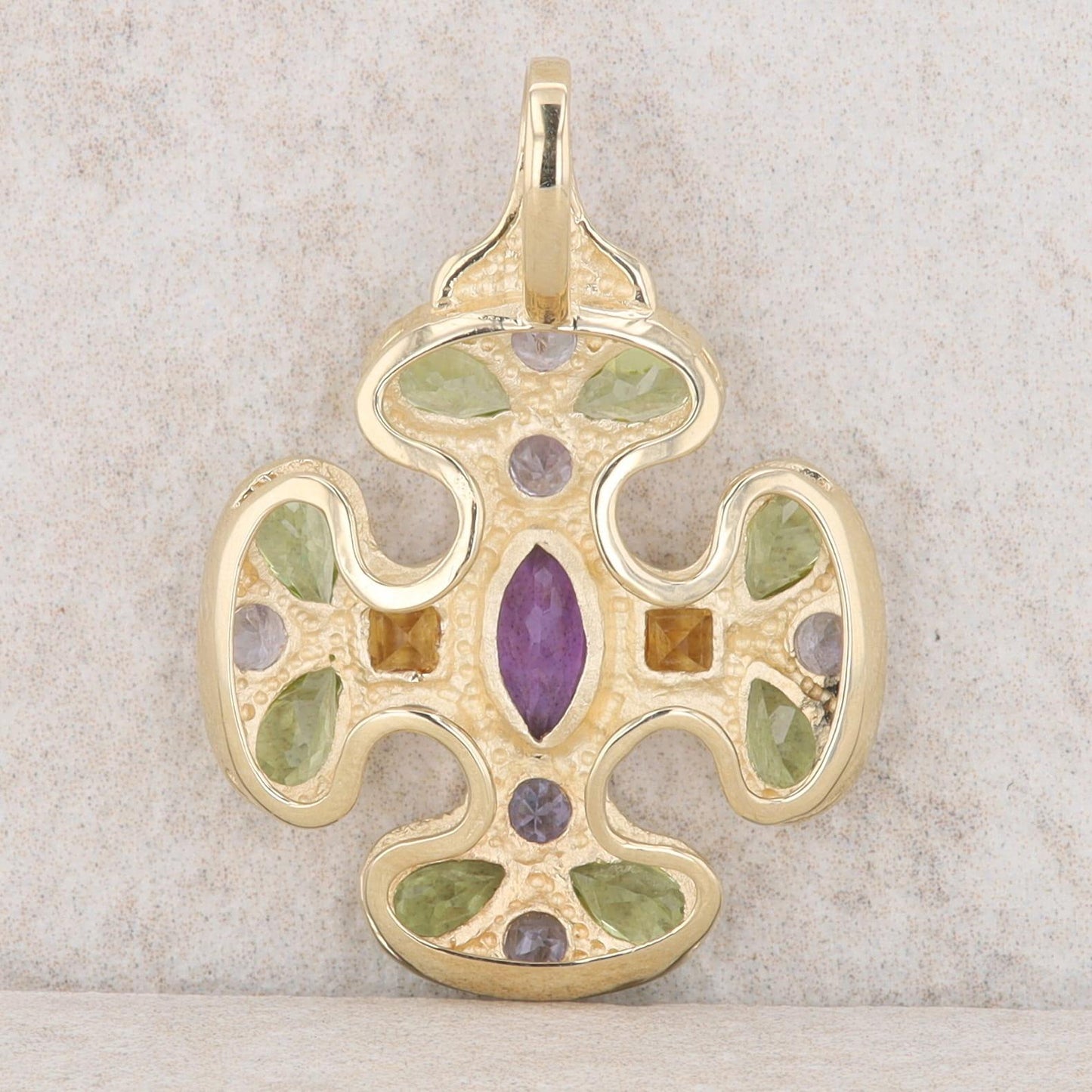 14k Yellow Gold Marquise Amethyst, Peridot, Citrine, Tanzanite Textured Pendant