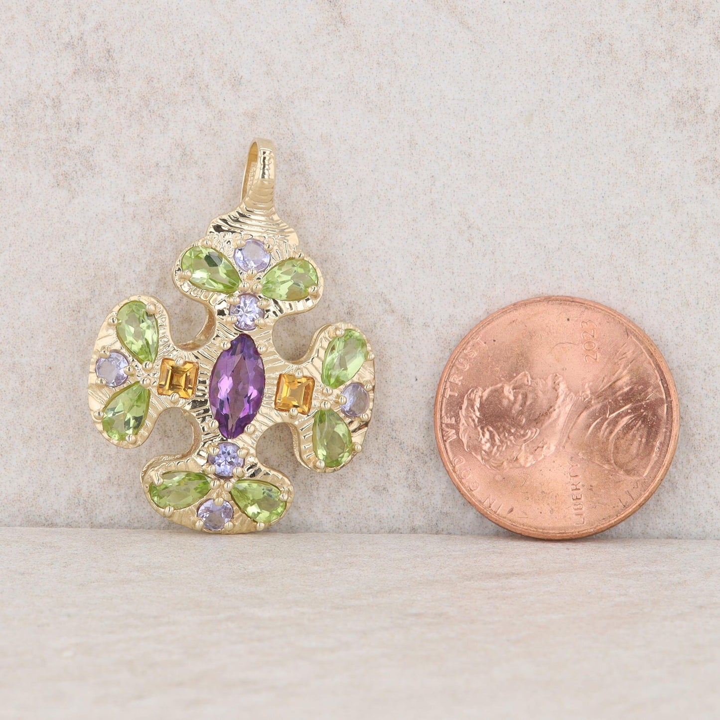 14k Yellow Gold Marquise Amethyst, Peridot, Citrine, Tanzanite Textured Pendant