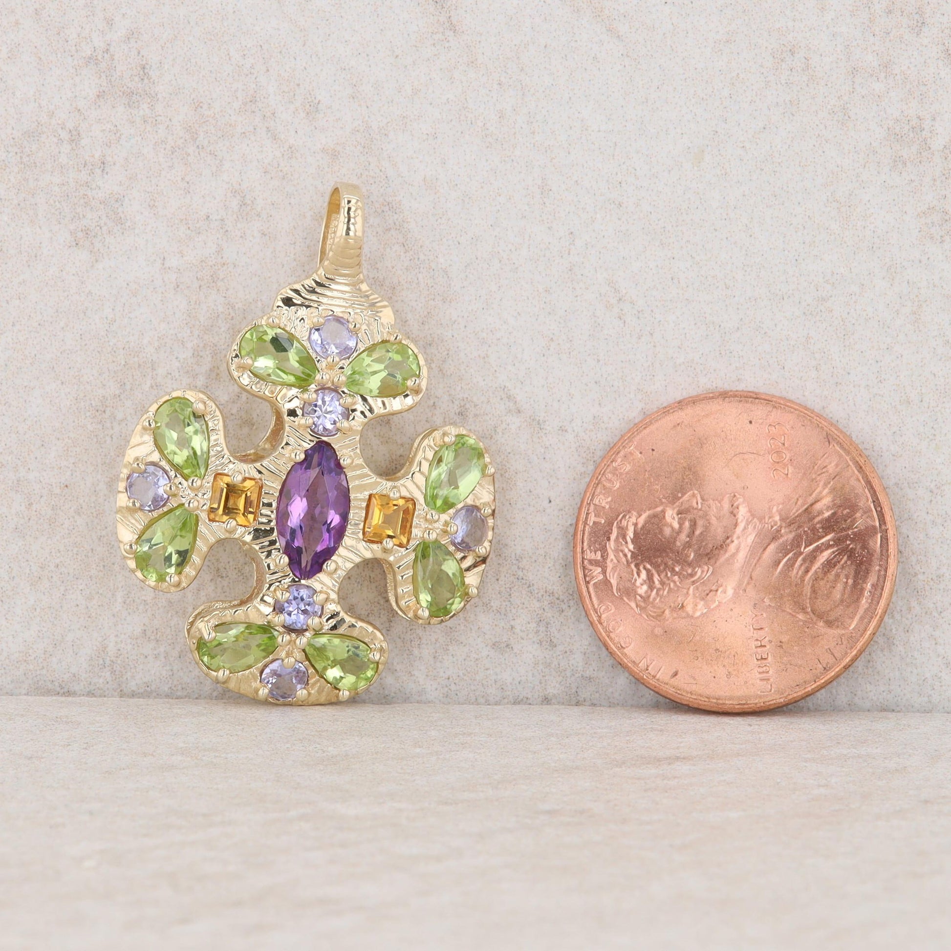 14k Yellow Gold Marquise Amethyst, Peridot, Citrine, Tanzanite Textured Pendant