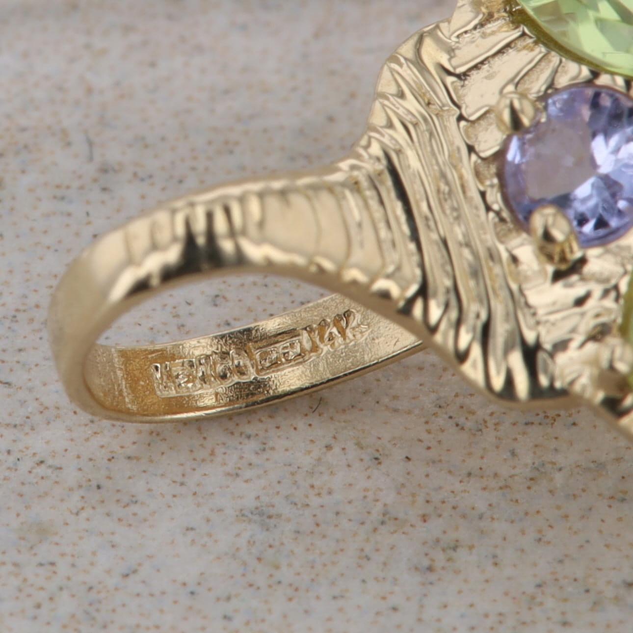 14k Yellow Gold Marquise Amethyst, Peridot, Citrine, Tanzanite Textured Pendant