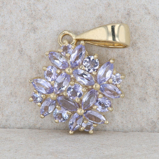 14k Yellow Gold Round & Marquise Tanzanite Cluster Pendant
