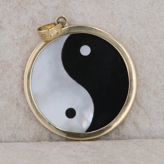 14k Yellow Gold Mother Of Pearl & Onyx Yin & Yang Disc Pendant
