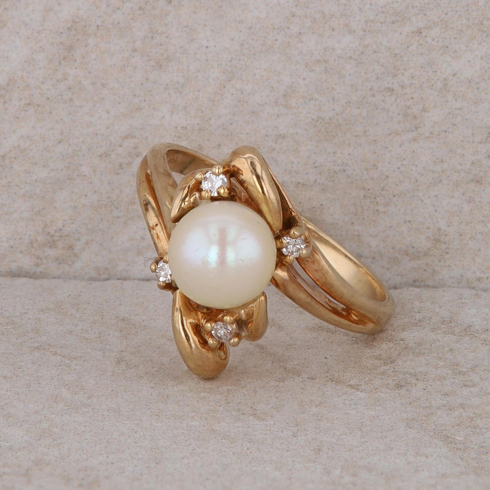 14k Yellow Gold Pearl and Diamond Ring