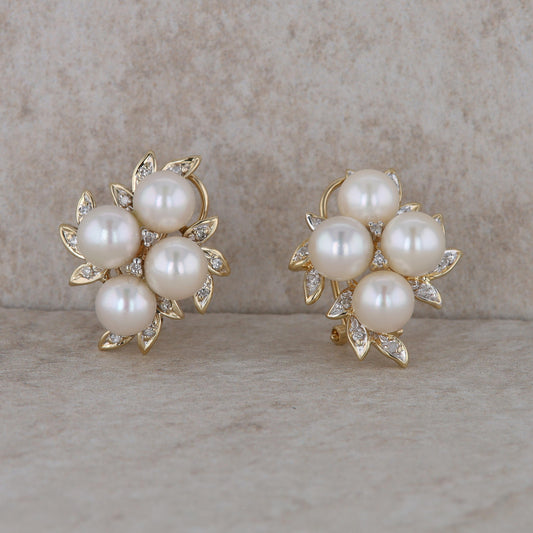 14k Yellow Gold Diamond and Freshwater Cultured Pearl Cluster Earrings