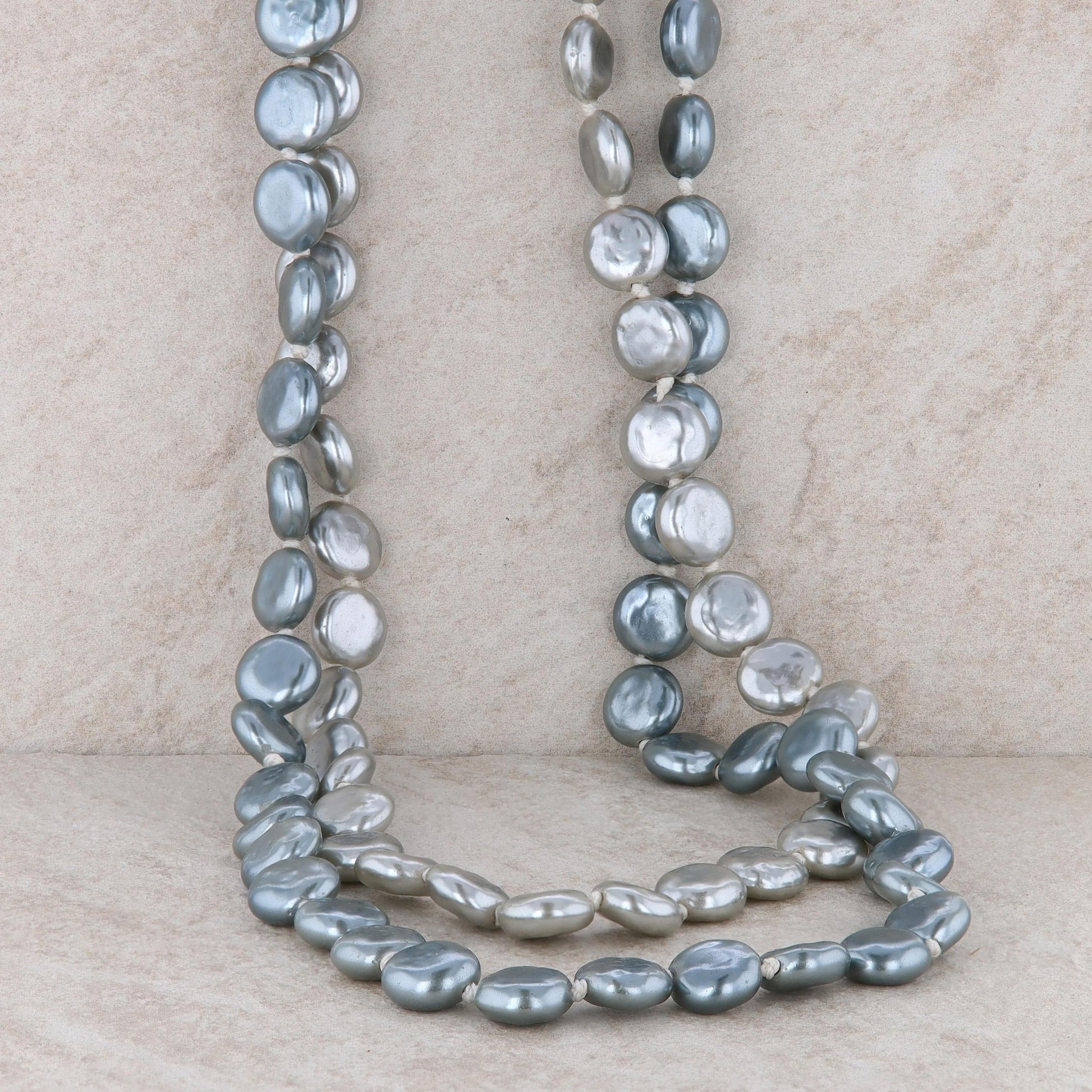 Silver Tone Grey Coin Pearl Double Strand Necklace Hammered Toggle