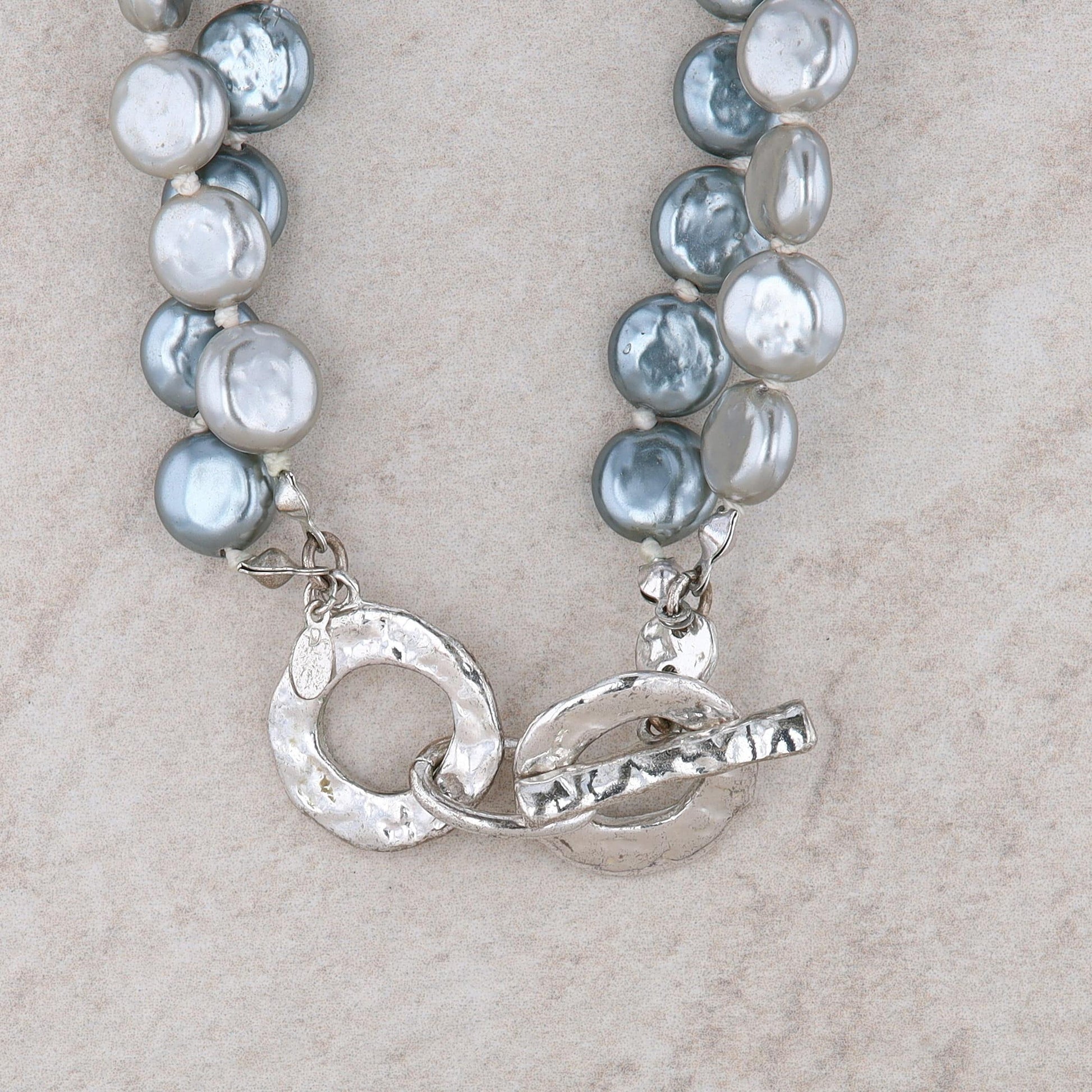 Silver Tone Grey Coin Pearl Double Strand Necklace Hammered Toggle