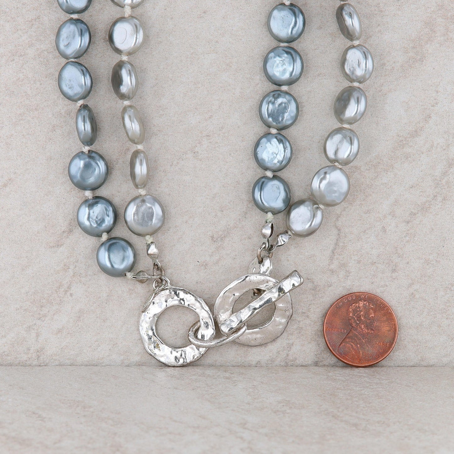 Silver Tone Grey Coin Pearl Double Strand Necklace Hammered Toggle