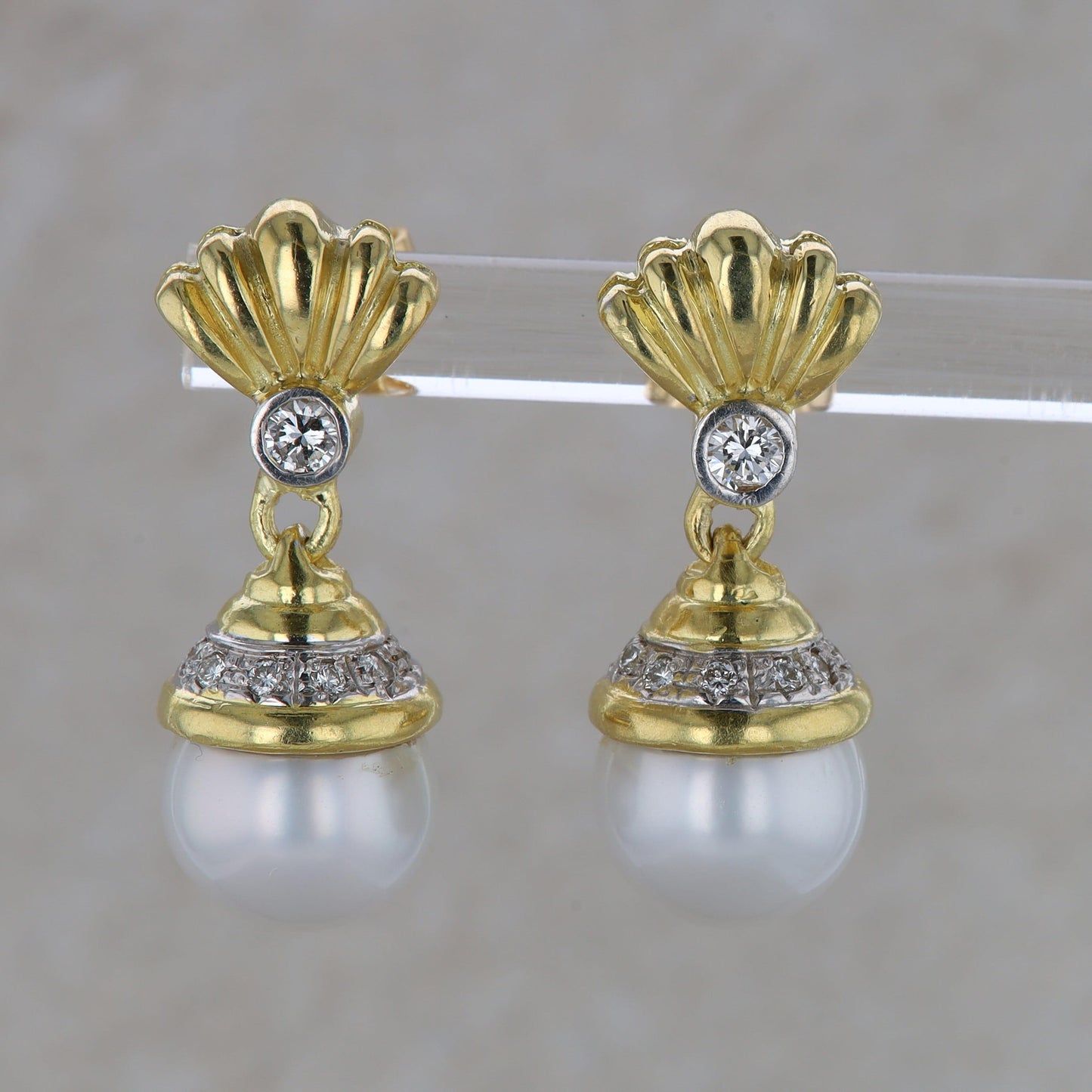 18k Two Tone Gold Freshwater Cultured Pearl and Diamond Dangle Earrings