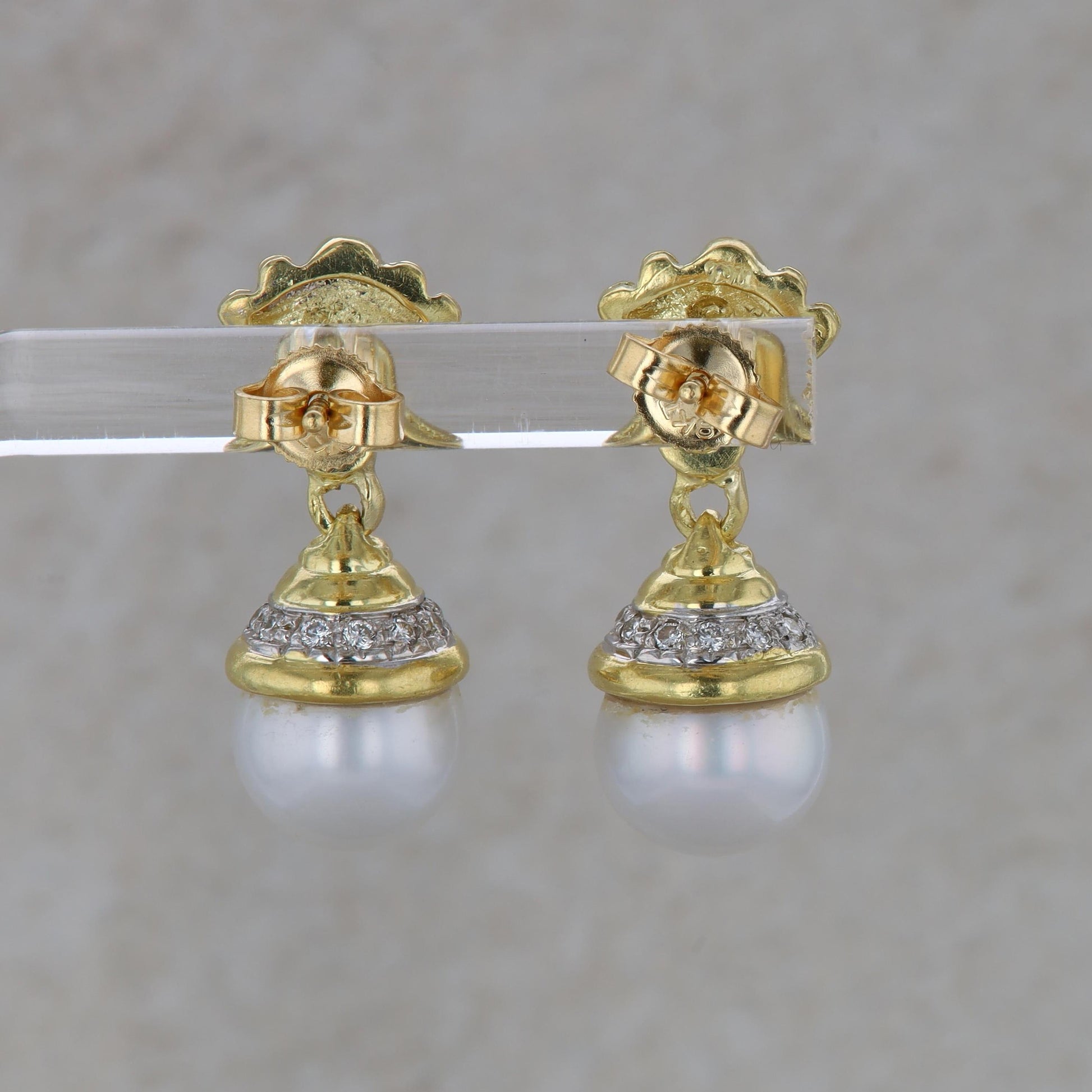 18k Two Tone Gold Freshwater Cultured Pearl and Diamond Dangle Earrings