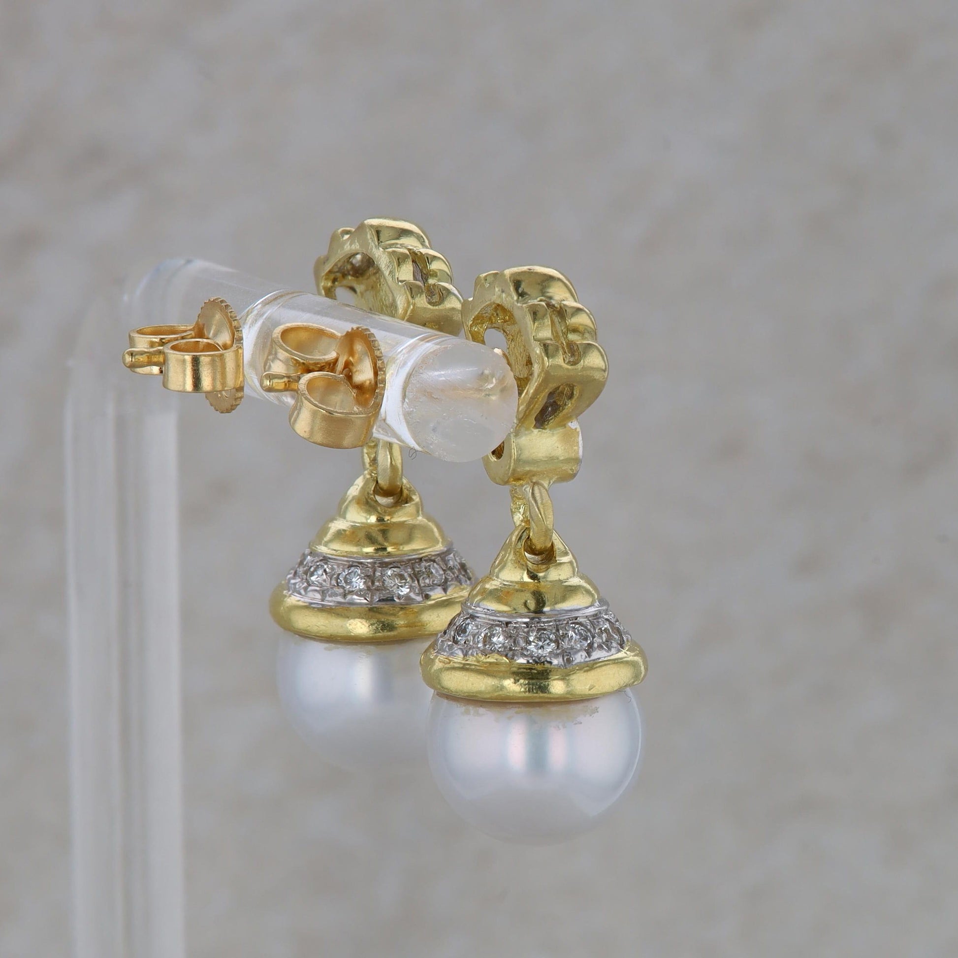 18k Two Tone Gold Freshwater Cultured Pearl and Diamond Dangle Earrings