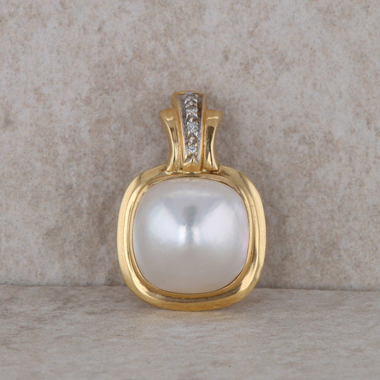 14k Yellow Gold Cushion Mabe Pearl and Diamond Enhancer Pendant