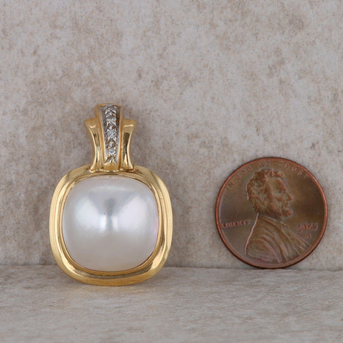 14k Yellow Gold Cushion Mabe Pearl and Diamond Enhancer Pendant