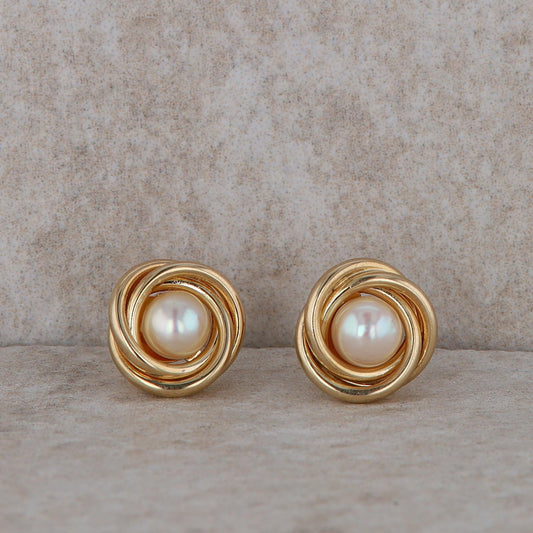 14k Freshwater Cultured Pearl and Love Knot Stud Earrings