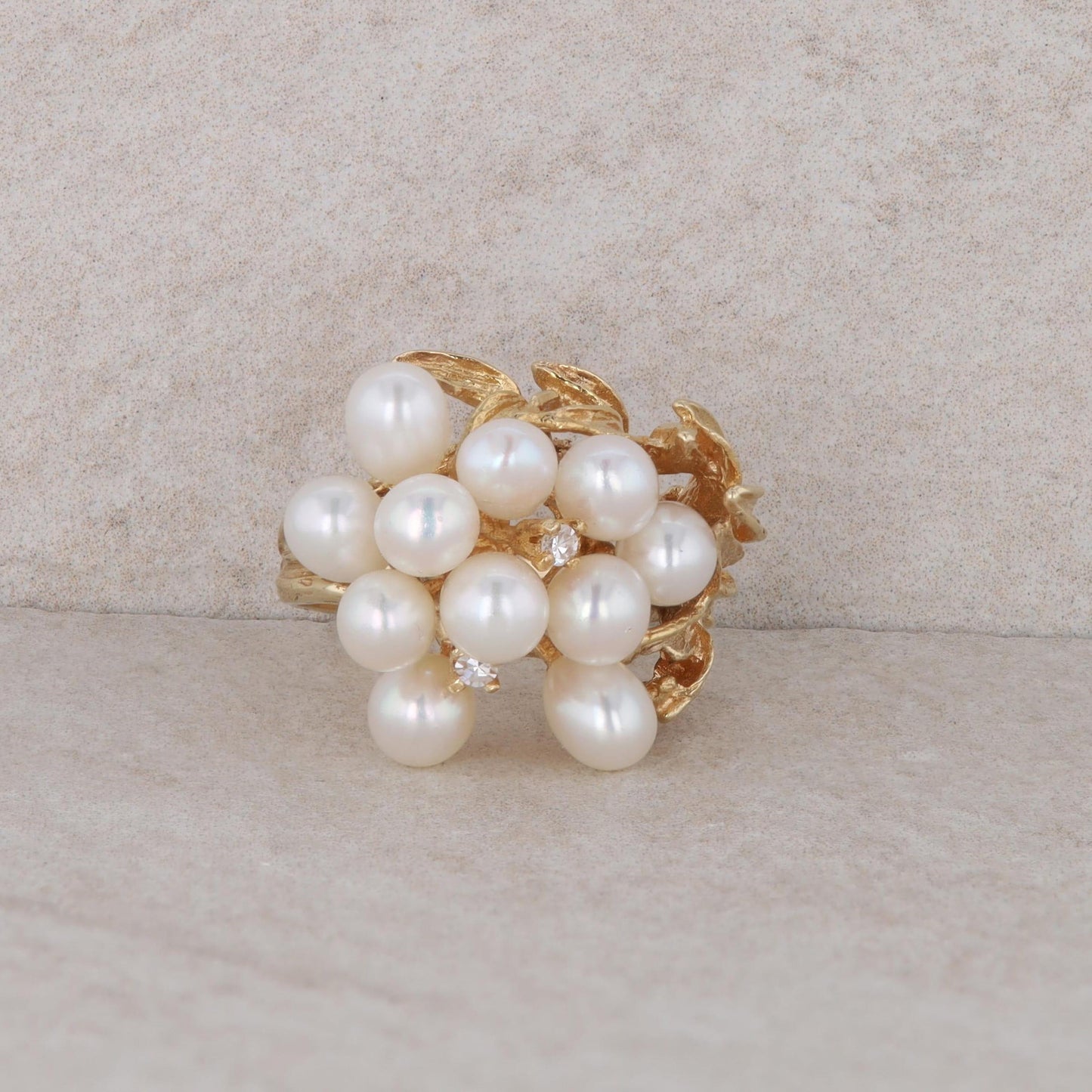 14k Yellow Gold Freshwater Cultured Pearl Cluster and Diamond Ring