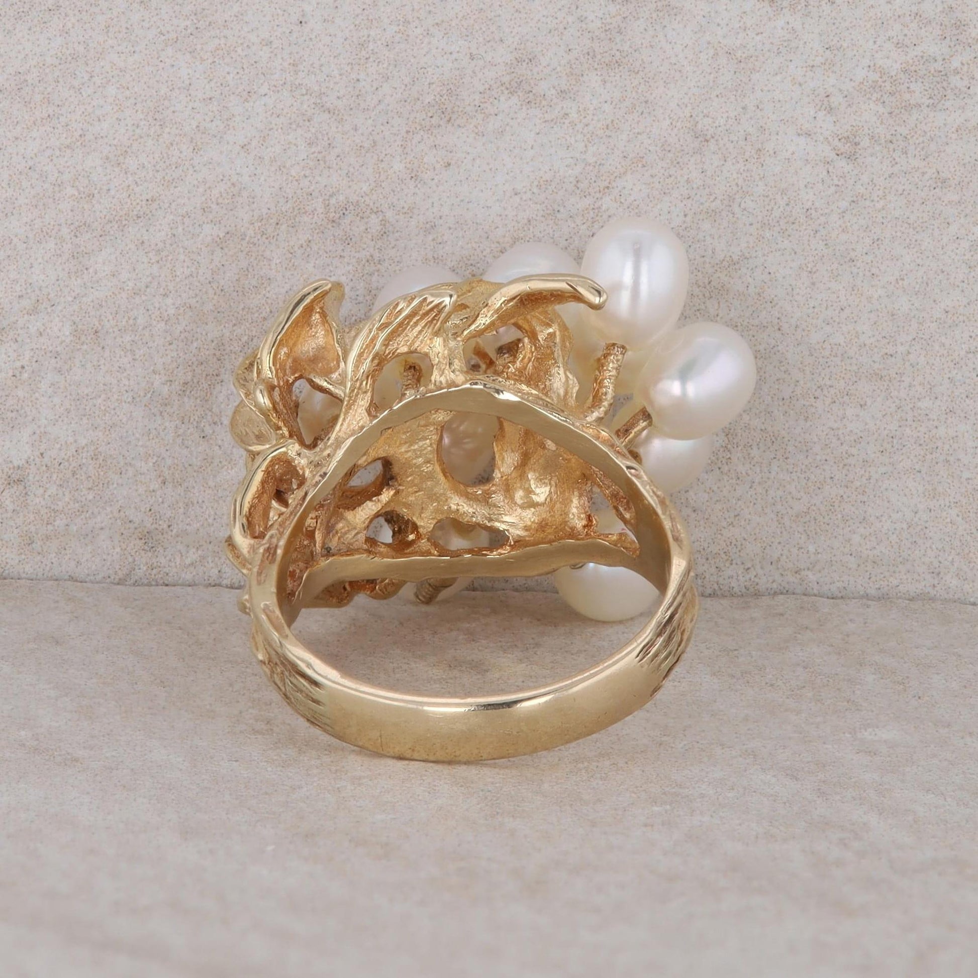 14k Yellow Gold Freshwater Cultured Pearl Cluster and Diamond Ring