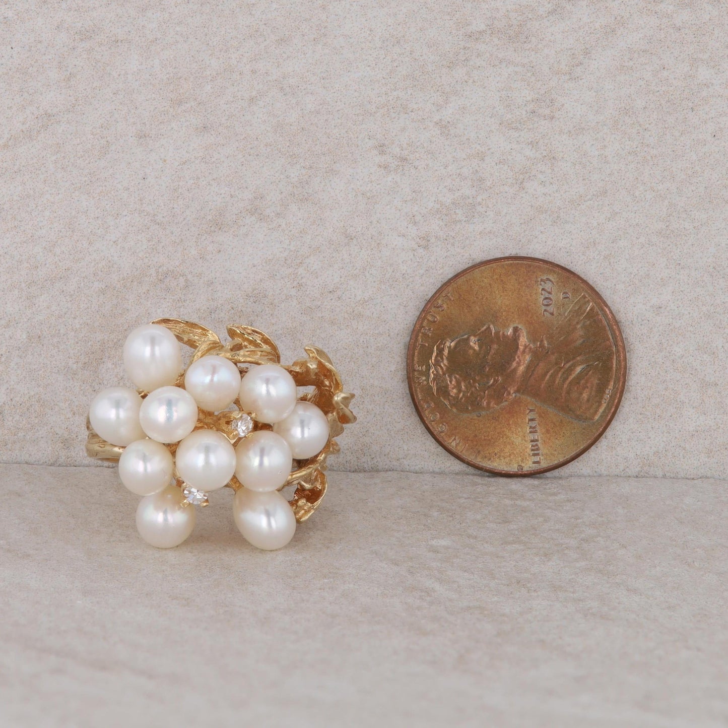 14k Yellow Gold Freshwater Cultured Pearl Cluster and Diamond Ring