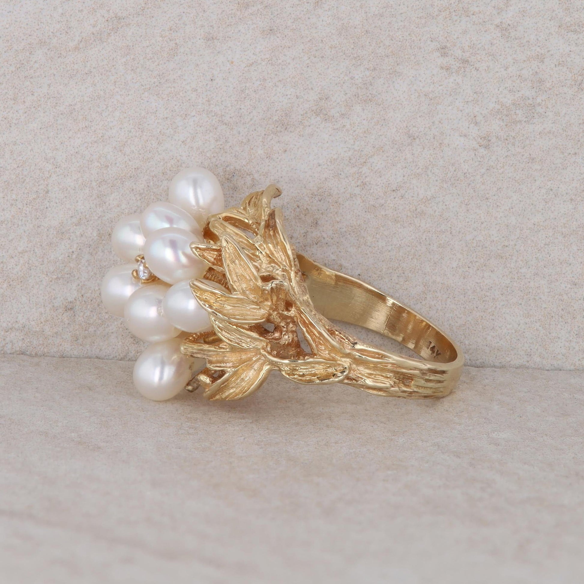 14k Yellow Gold Freshwater Cultured Pearl Cluster and Diamond Ring