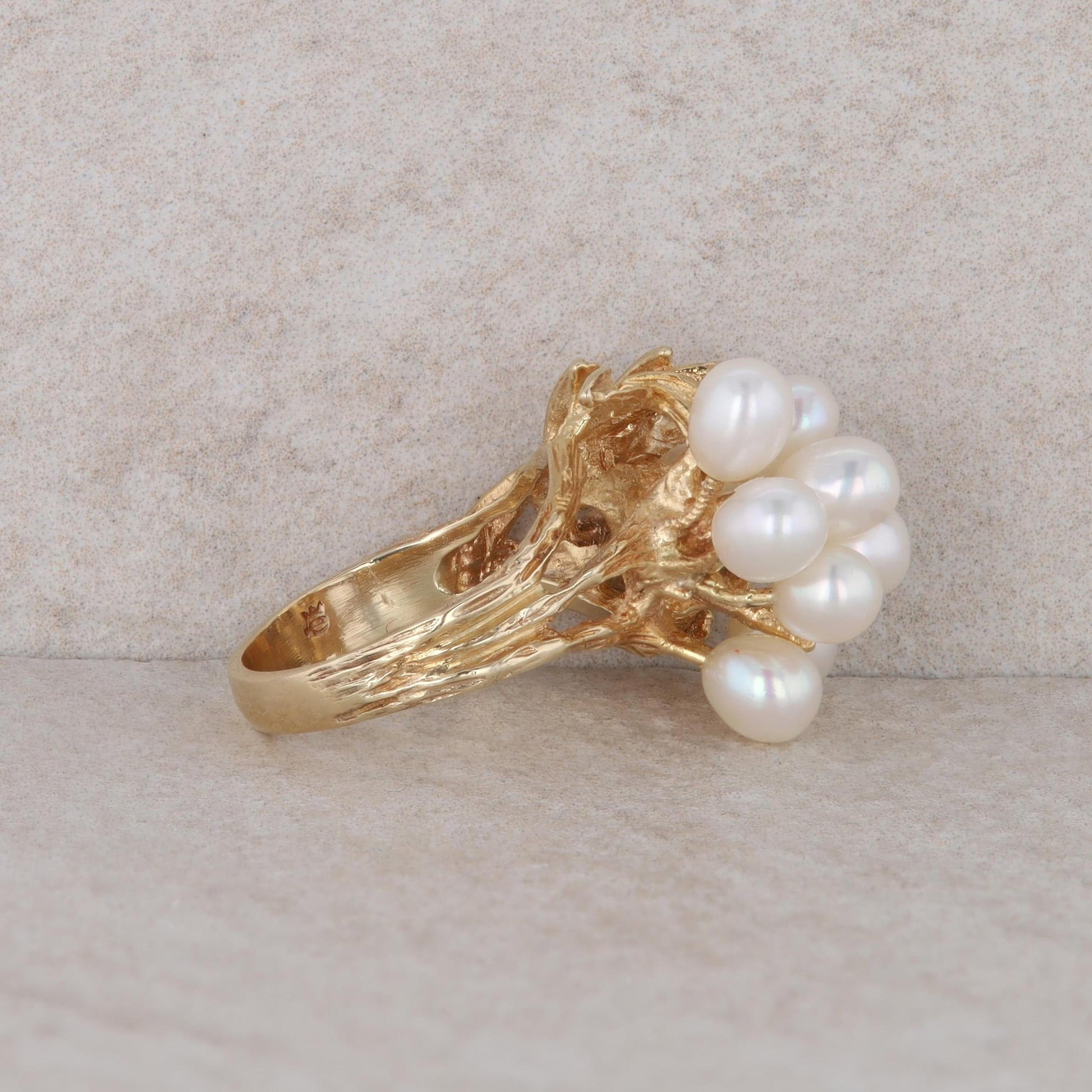 14k Yellow Gold Freshwater Cultured Pearl Cluster and Diamond Ring