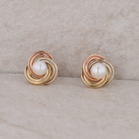 14k Tri Color Love Knot Freshwater Cultured Pearl Stud Earrings