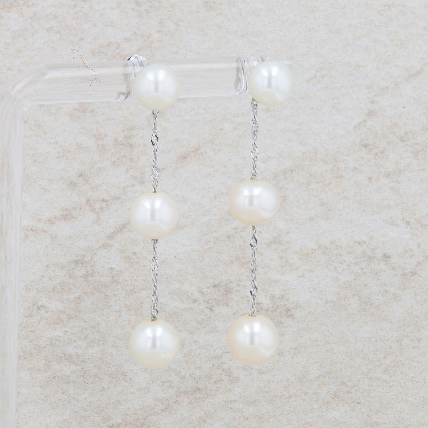 14k White Gold Three Freshwater Cultured Pearl Chain Dangle Earrings