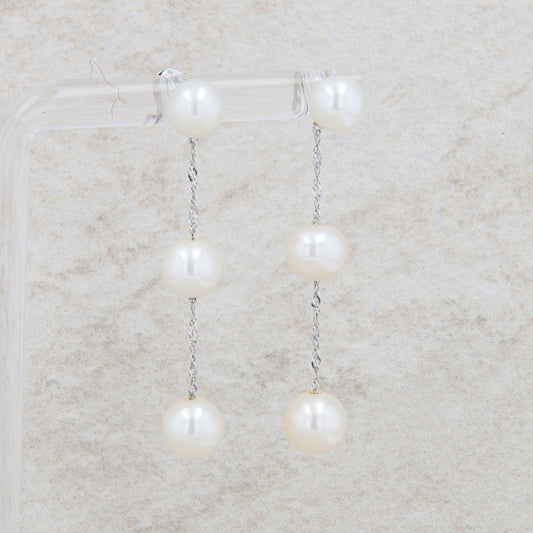 14k White Gold Three Freshwater Cultured Pearl Chain Dangle Earrings