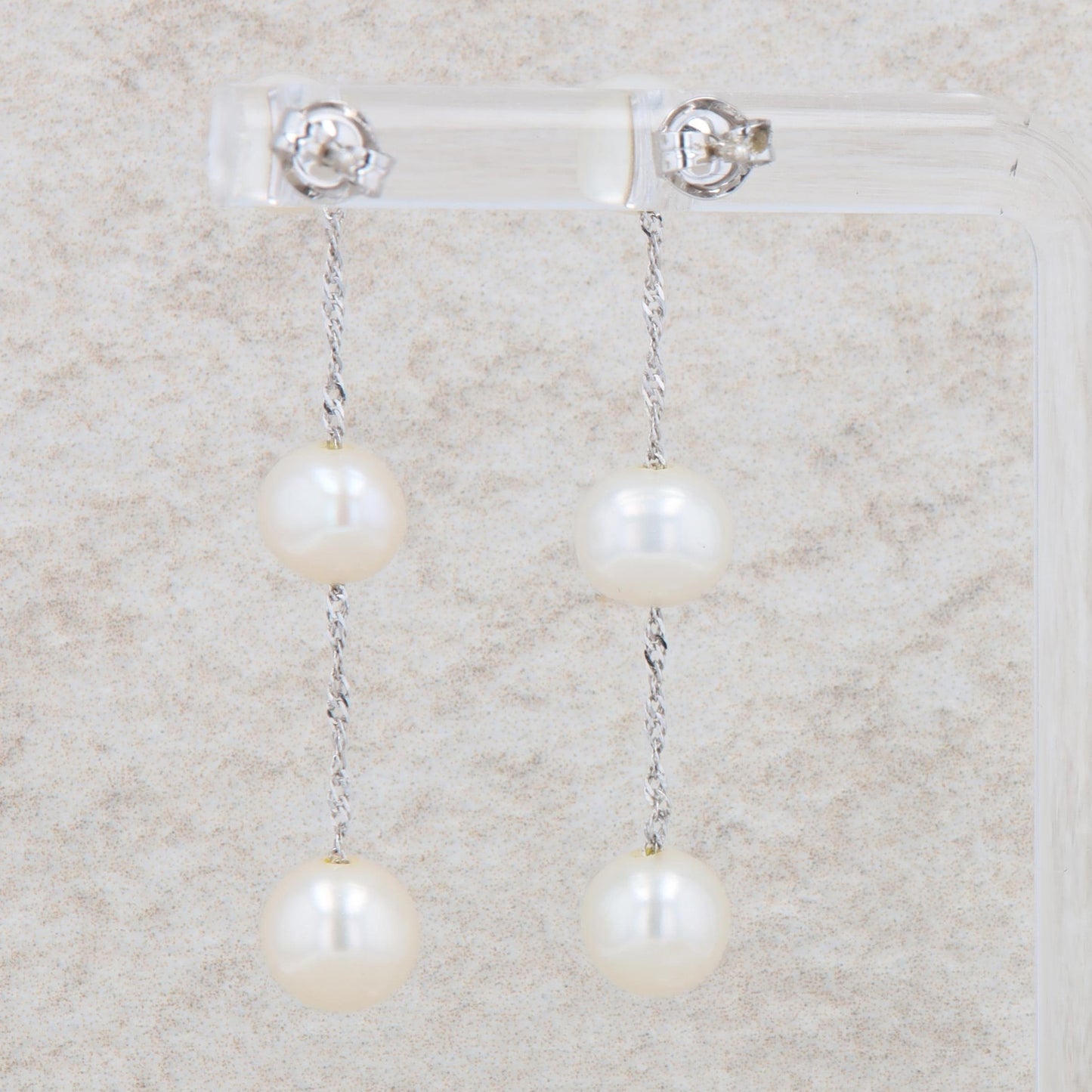 14k White Gold Three Freshwater Cultured Pearl Chain Dangle Earrings