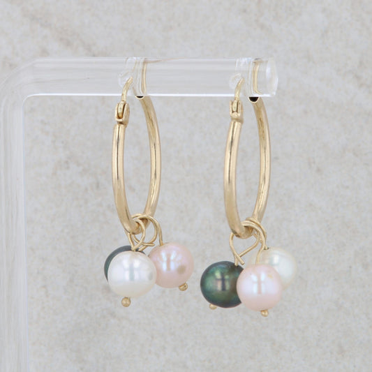 14k Yellow Gold Three Cultured Pearl Dangle Hoop Earrings