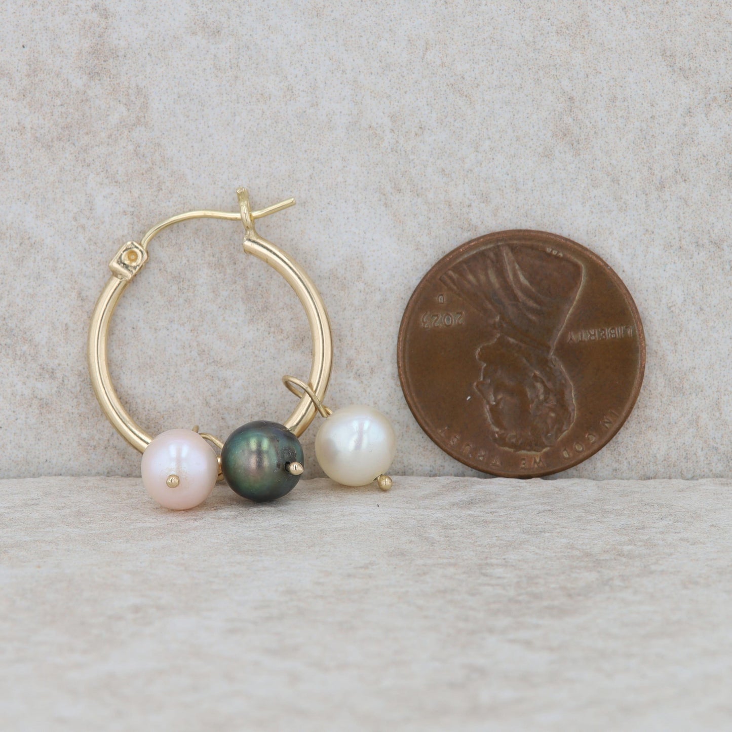 14k Yellow Gold Three Cultured Pearl Dangle Hoop Earrings