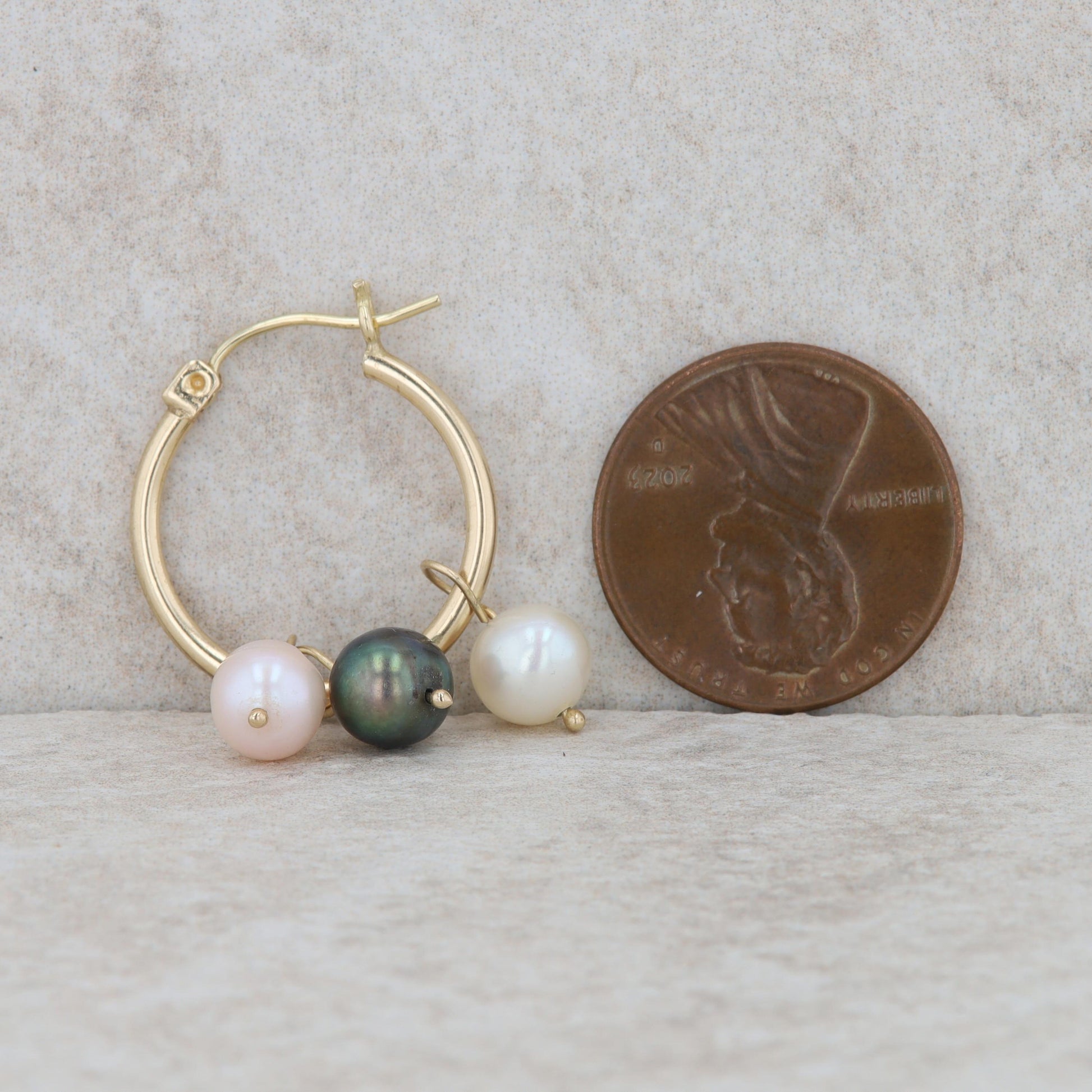 14k Yellow Gold Three Cultured Pearl Dangle Hoop Earrings