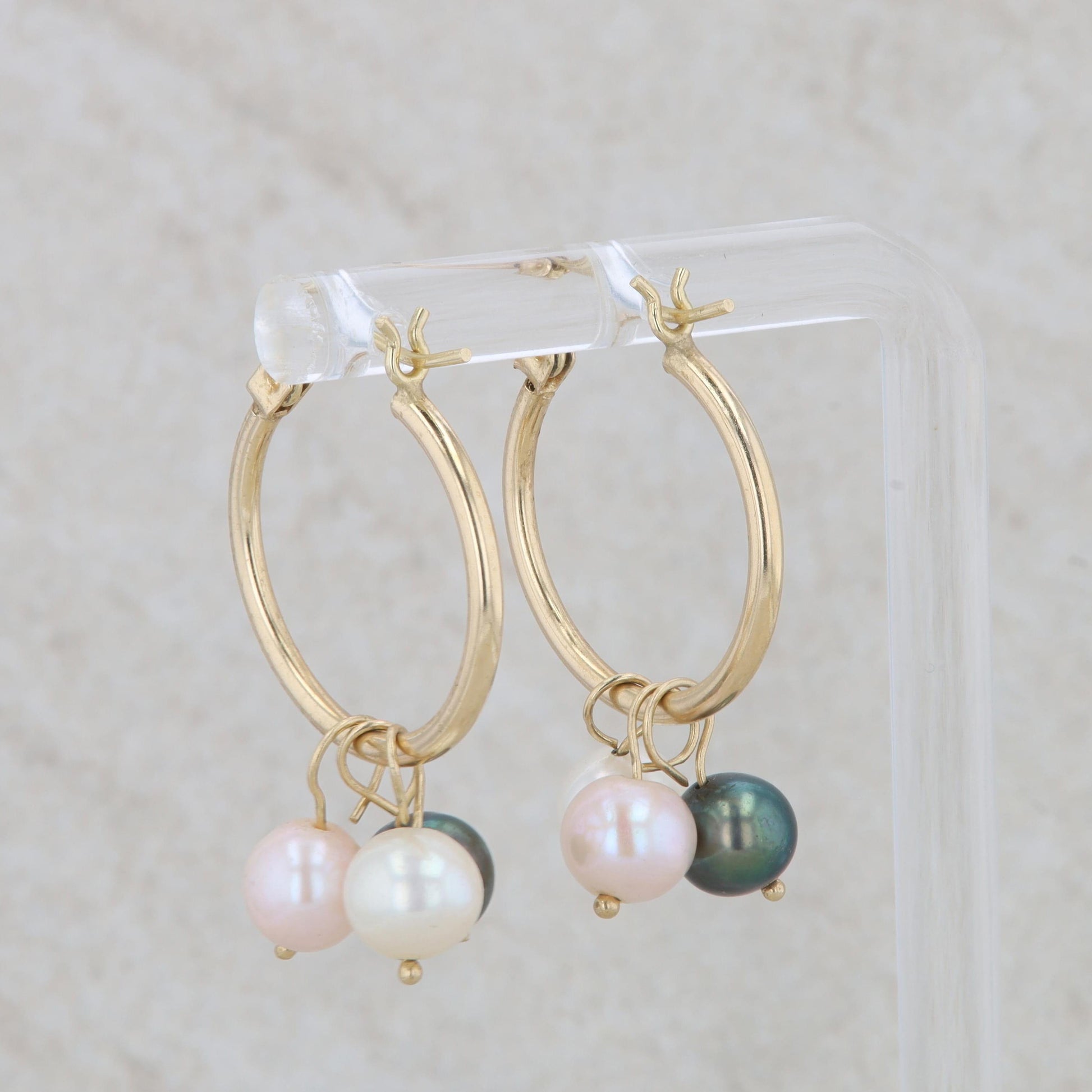 14k Yellow Gold Three Cultured Pearl Dangle Hoop Earrings