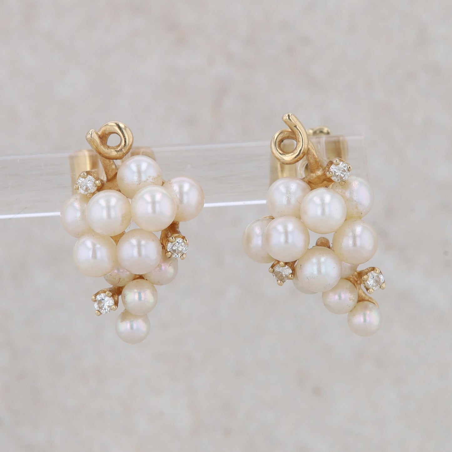 14k Yellow Gold Freshwater Cultured Pearl Cluster and Diamond Stud Earrings