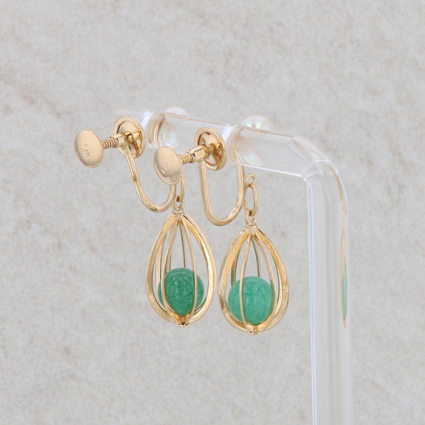 14k Yellow Gold Pearl and Aventurine Basket Dangle Earrings