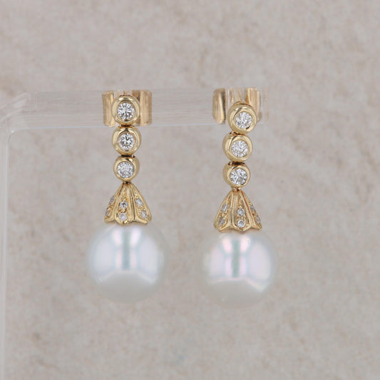 14k Yellow Gold South Sea Pearl and Diamond Earrings