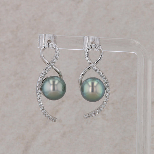 14k White Gold Tahitian Pearl and Diamond Earrings