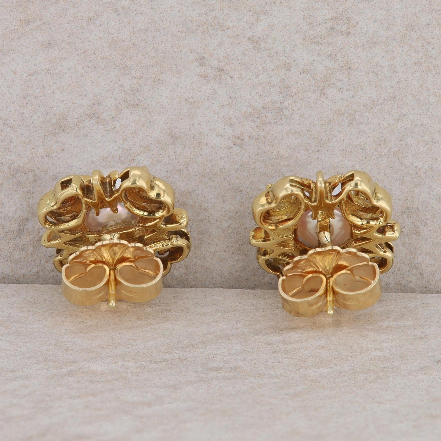 18k Yellow Gold Cultured Pearl and Diamond Clover Stud Earrings