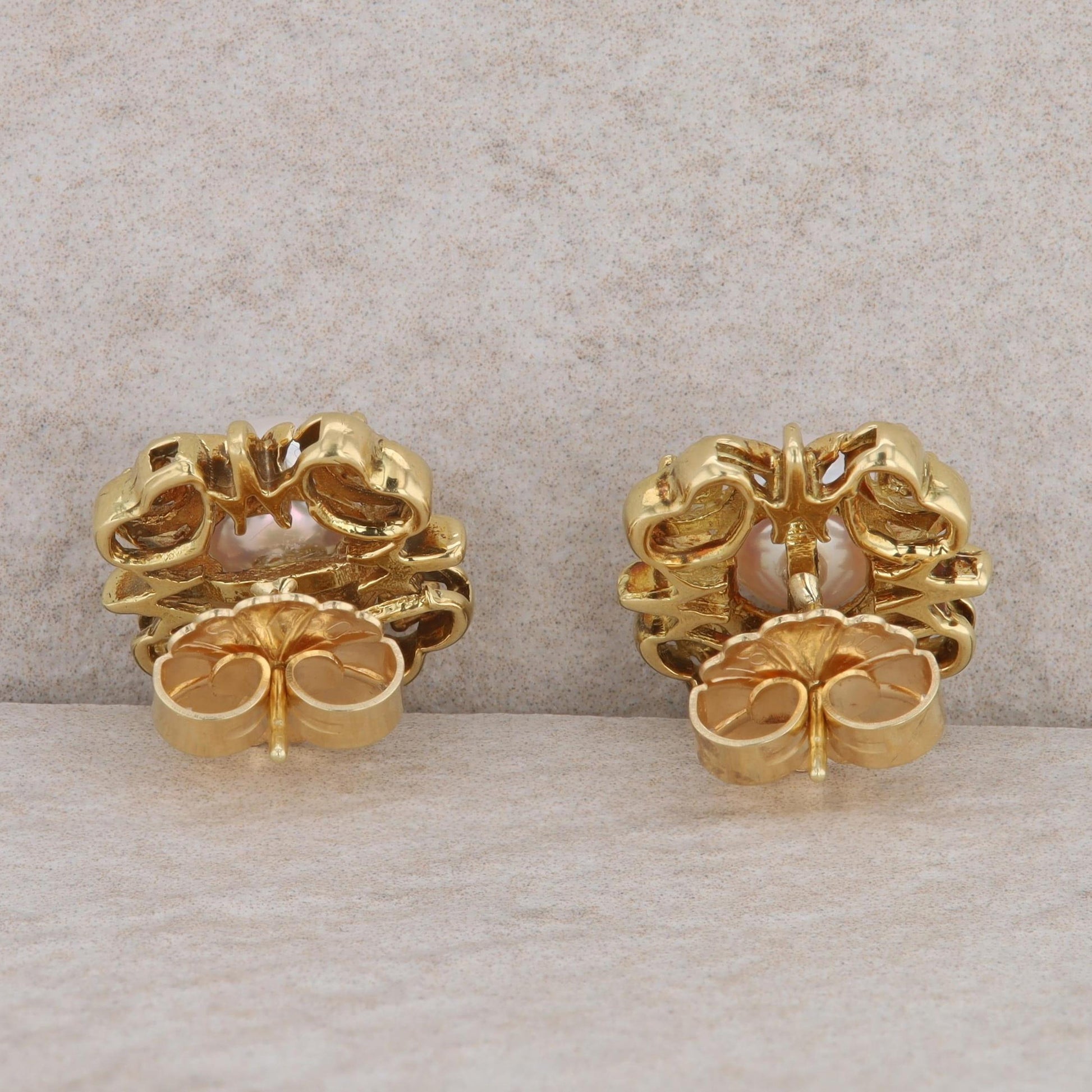 18k Yellow Gold Cultured Pearl and Diamond Clover Stud Earrings